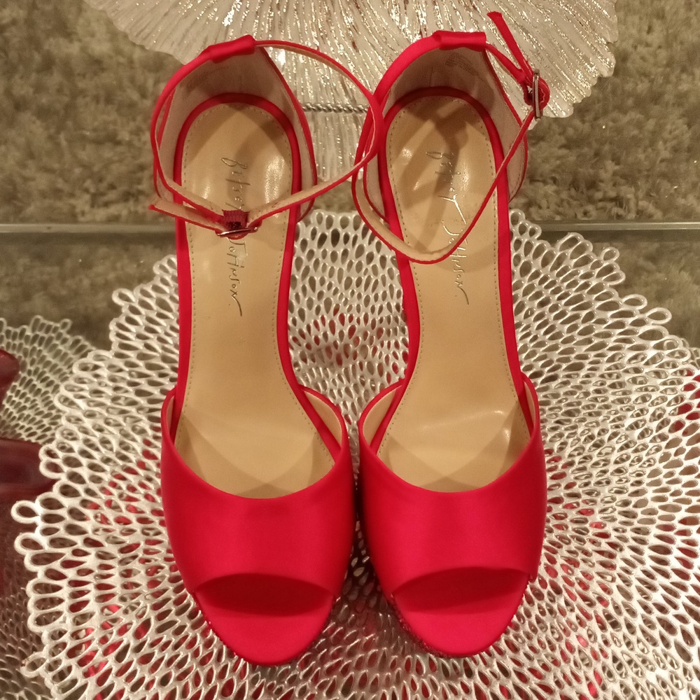 SIZE 9 1/2 BETSEY JOHNSON RED SATIN AND RED RHINESTONE ENCRUSTED HEELS